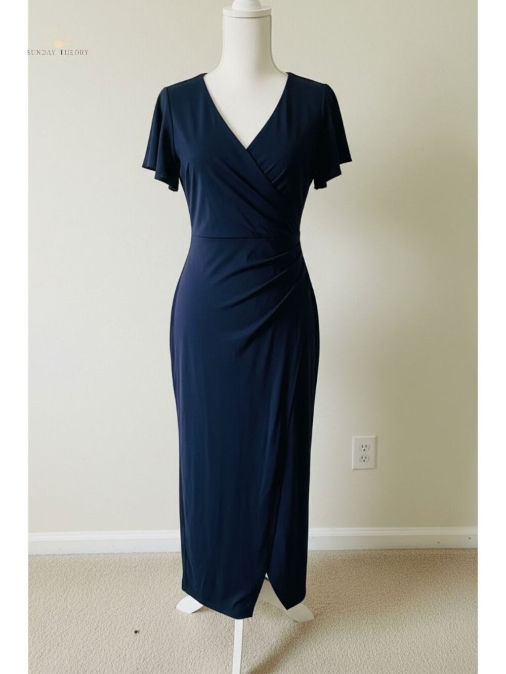 Women's V Neck Faux Wrap Ruffle Sleeve Bodycon Ruched Side Slit Maxi Cocktail